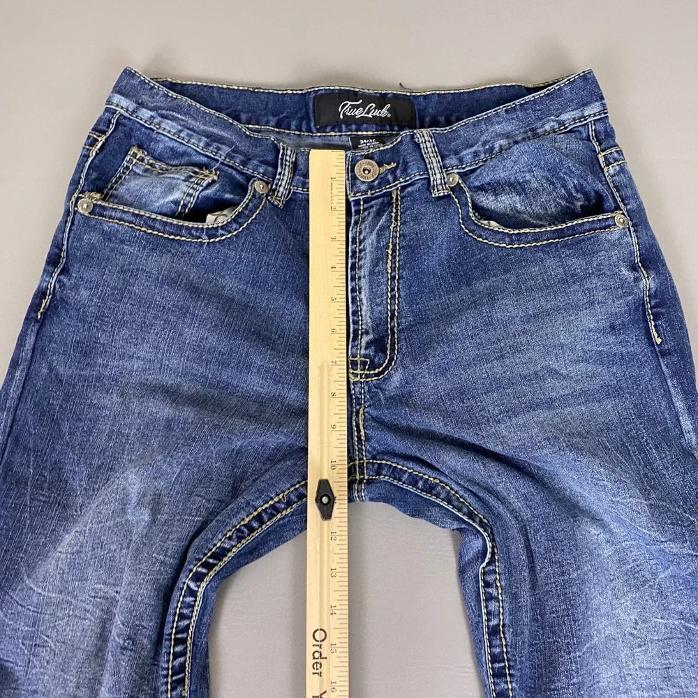 True Luck Jeans Men's Size 34x32 Blue Straight Leg Distressed Medium Wash Denim‎